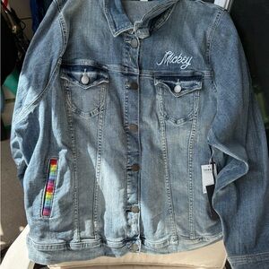 Mickey Embroidered Denim Jacket - Light Blue with Rainbow Patch